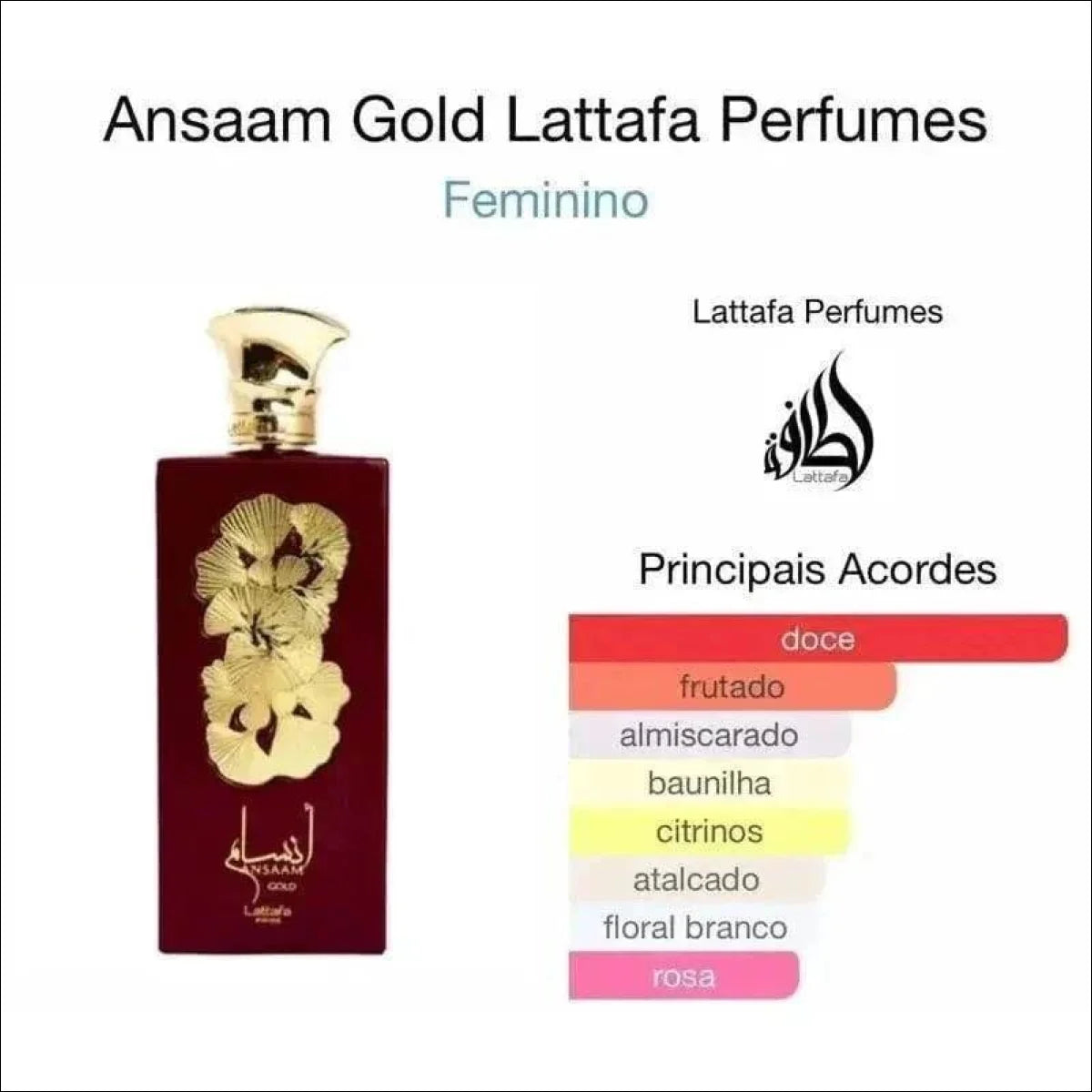 Perfume Feminino Ansaam Gold By Lattafa EDP 100ml - Âmbar Floral com Notas de Jasmim e Baunilha - Jm Grife