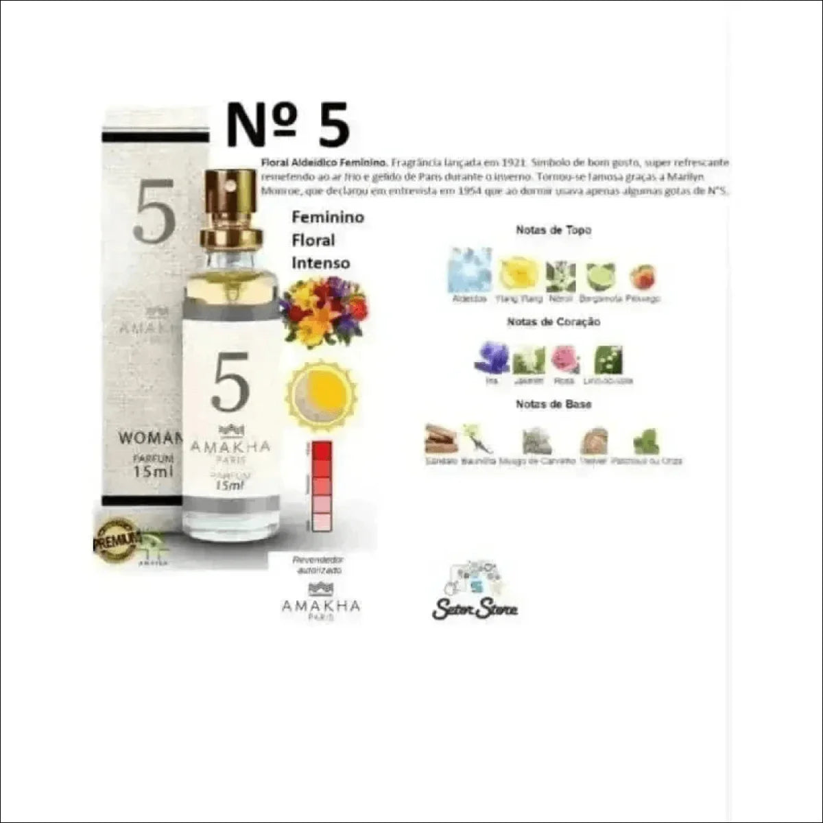 Perfume N°5 Amakha Paris 15ml - Fragrância Floral com Rosa e Jasmim, Elegância Sofisticada - Jm Grife