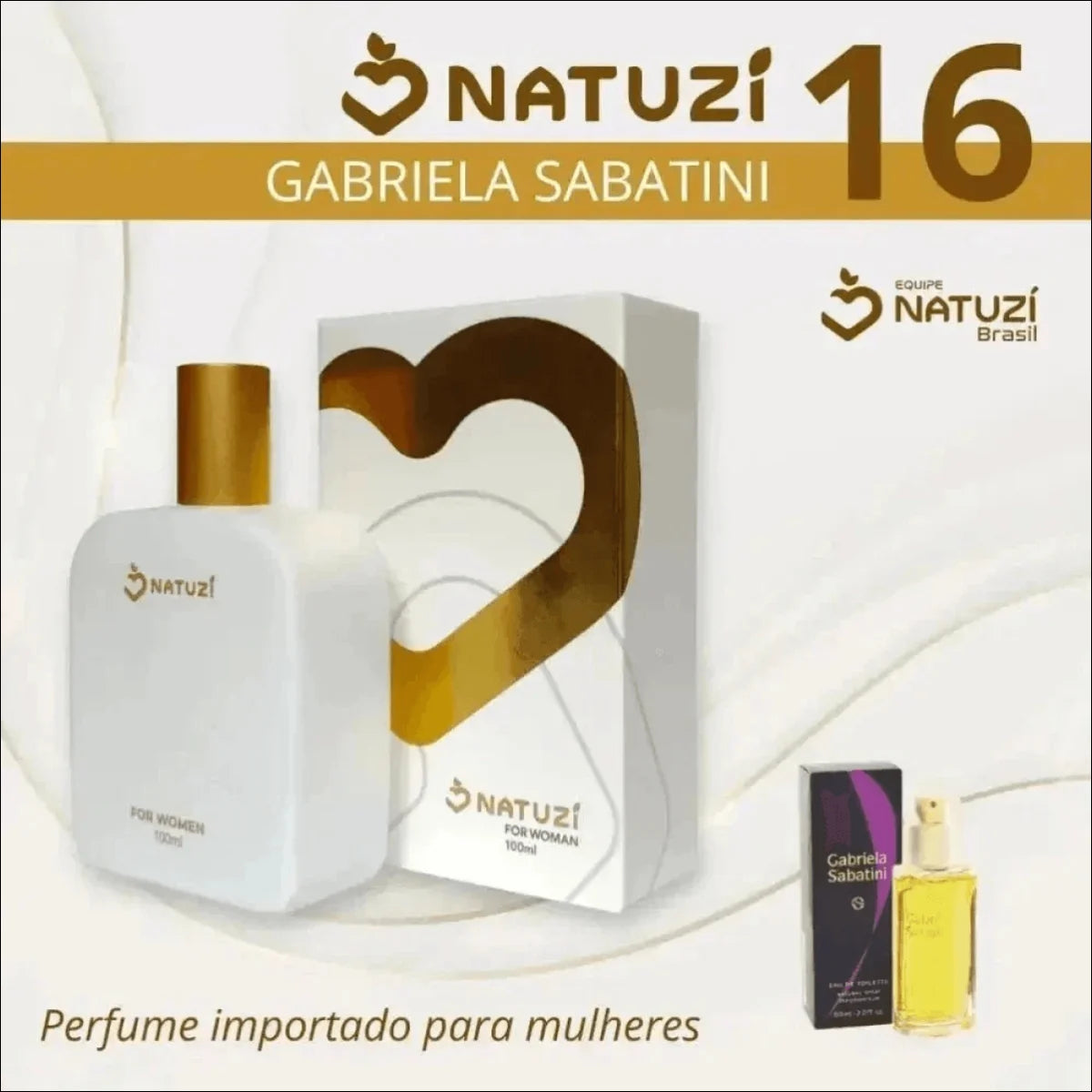 Perfume Vidro Natuzi Gabriela 100ml com Frasco Branco e Detalhes em Ouro - Jm Grife