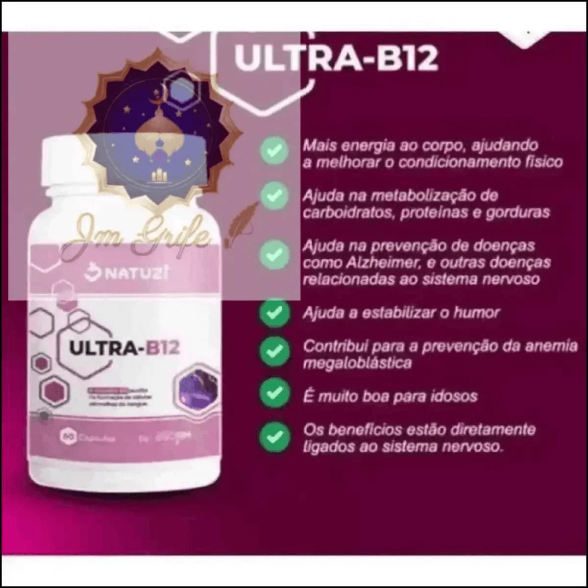 Vitamina B12 Natuzi - 60 Cápsulas para Energiar Vitalidade e Fortalecer o Sistema Imunológico - Jm Grife