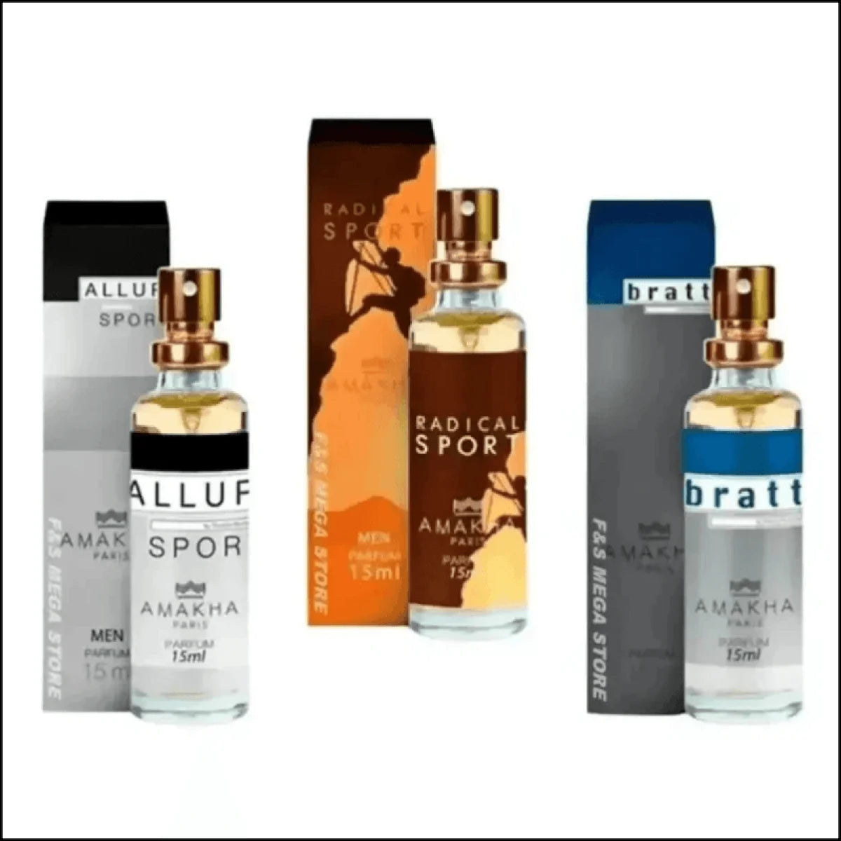 Kit 3 Perfumes Masculinos Amakha Paris 15ml: Allur Sport, Radical e Bratt - Alta Concentração - Jm Grife
